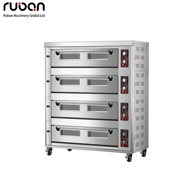 Horno de gas comercial de acero inoxidable de 4 pisos y 16 bandejas para cocina, pizzería, panadería y pastelería. Equipo económico para panadería. - Ruban