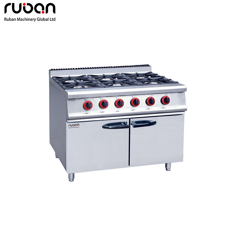 Cocina de gas comercial con 6 quemadores, acero inoxidable, doble zona de control y armario de almacenamiento para hoteles, restaurantes y comedores. - Ruban