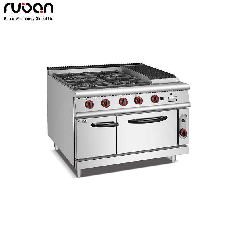 Equipo de cocina comercial: Cocina de gas de acero inoxidable con 4 quemadores, horno y parrilla de piedra volcánica. - Ruban