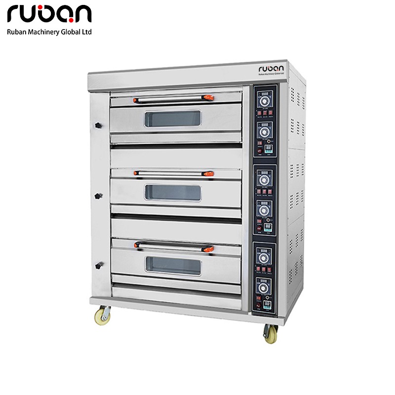 Horno de gas comercial de acero inoxidable de 3 pisos y 6 bandejas para cocina, pizzería, panadería y pastelería, con temporizador. - Ruban