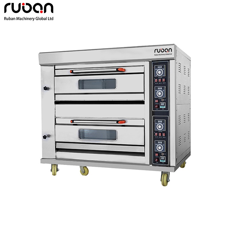 Horno de gas comercial de acero inoxidable de 2 pisos y 4 bandejas para cocina, ideal para pizza, pan, repostería y pastelería. Horno clásico con temporizador. - Ruban