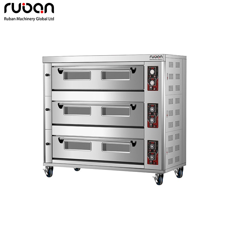 Horno de gas comercial de acero inoxidable de 3 pisos y 9 bandejas para cocina, pizzería, panadería y pastelería. Equipo económico para panadería. - Ruban