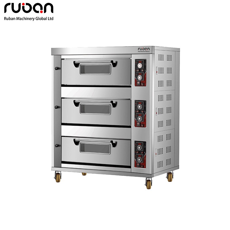 Horno de gas comercial de acero inoxidable de 3 pisos y 6 bandejas para cocina, pizzería, panadería y pastelería. Equipo económico para panadería. - Ruban