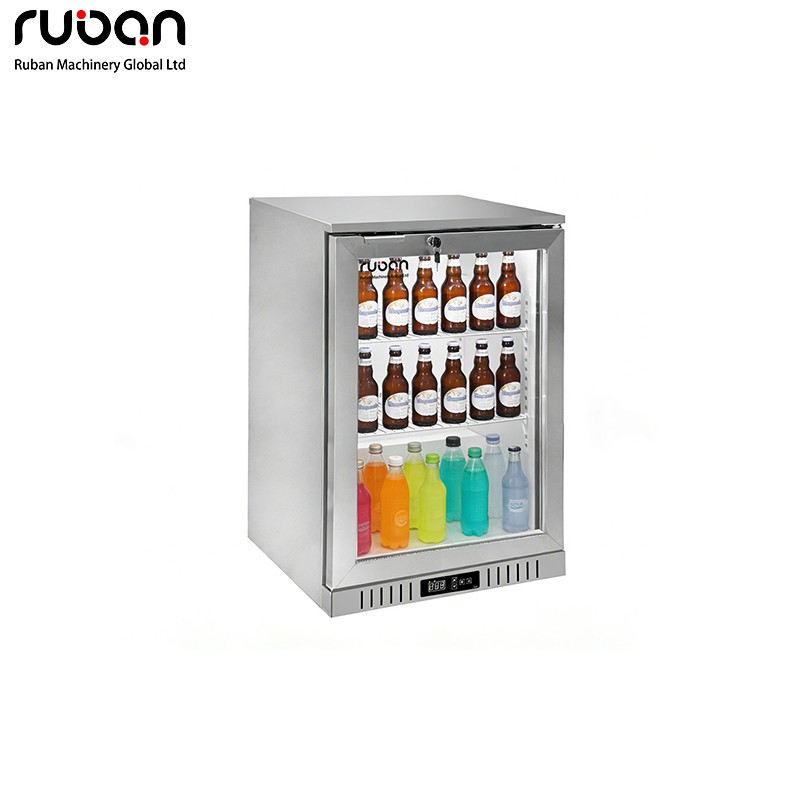 Vitrina expositora comercial de acero inoxidable con refrigeración por aire para cerveza, zumos y otras bebidas. Equipo de cocina refrigerado. - Ruban