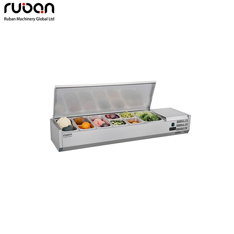Vitrina refrigerada para mesa de preparación de ensaladas de frutas de cocina comercial, tapa de acero inoxidable, control digital de temperatura única. - Ruban