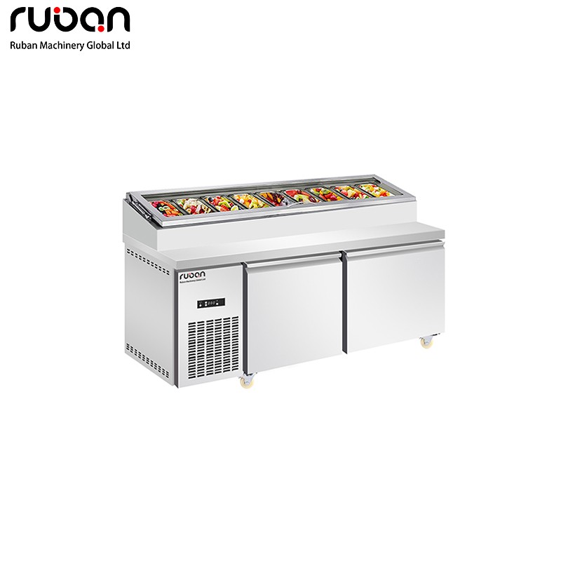 Estación de preparación de pizza comercial de acero inoxidable con doble temperatura, barra de sándwiches, ventilador de refrigeración, mesa de ensaladas y refrigerador expositor. - Ruban