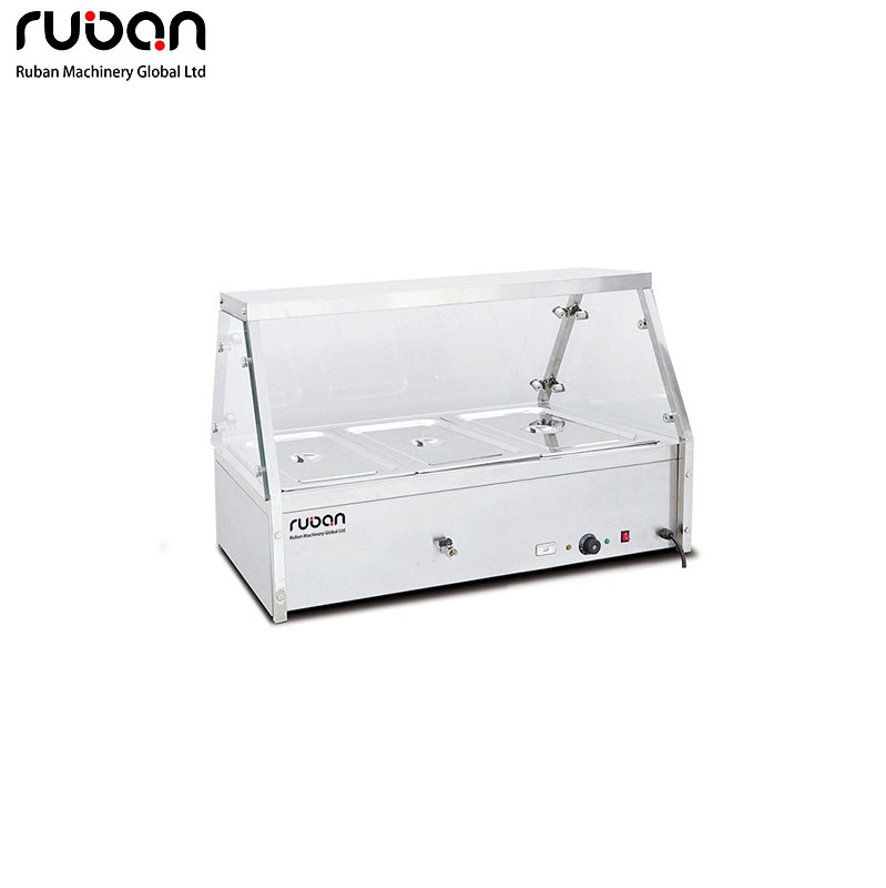 Baño María eléctrico comercial con protector contra estornudos de vidrio curvado, calentador de alimentos de acero inoxidable para buffet con grifo de drenaje para restaurantes y servicios de catering. - Ruban