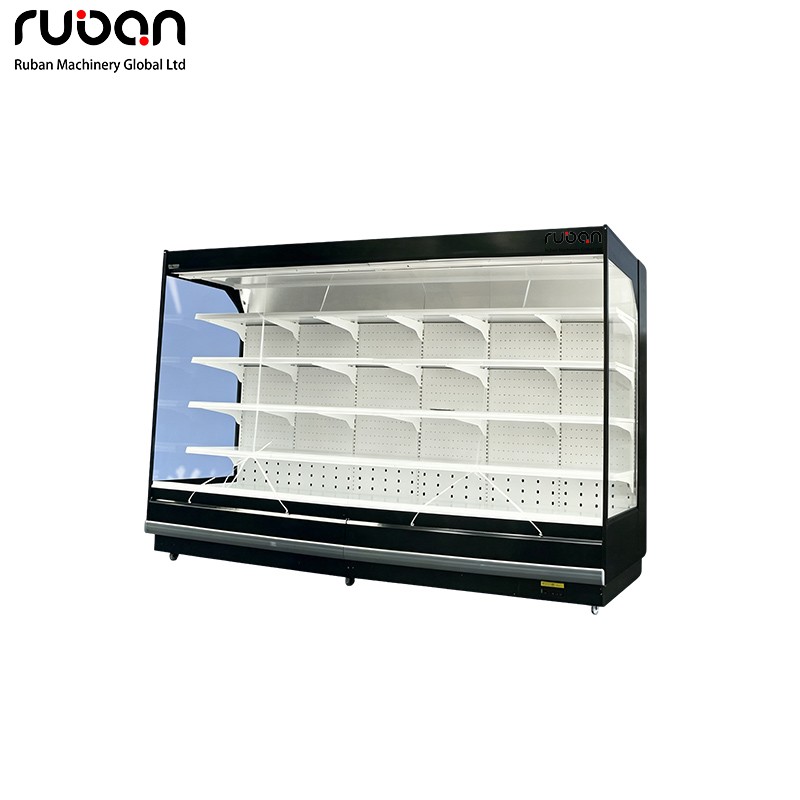 Vitrina refrigerada de lujo con cortina abierta para supermercados. - Ruban