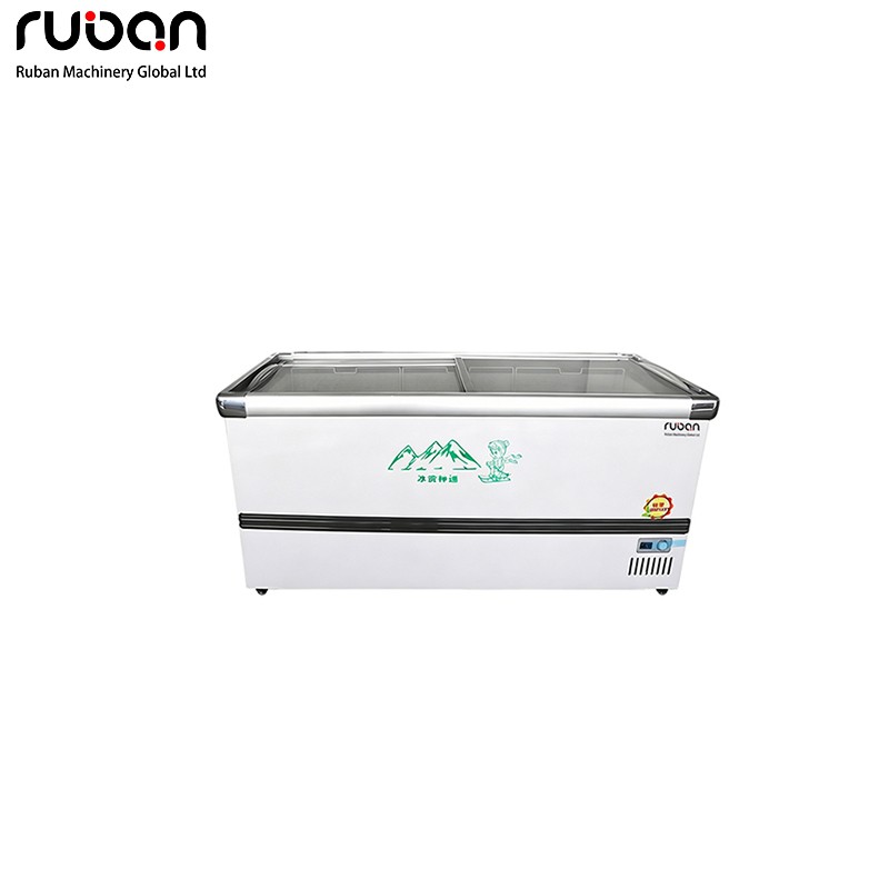 Congelador tipo isla europeo de gran capacidad con tapa de cristal. Vitrina expositora comercial para congelados. - Ruban