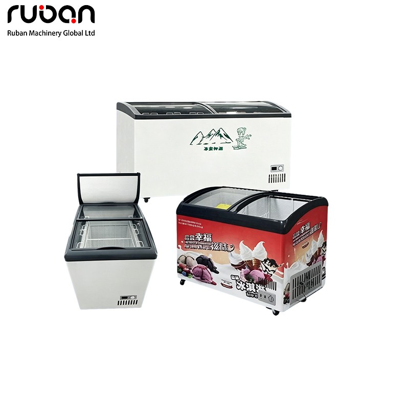 Vitrina refrigerada comercial para helados con tapa de cristal curvado. - Ruban