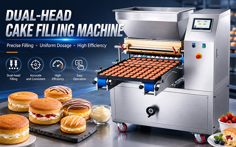 Máquina industrial sincronizada para depositar y rellenar capas de pasteles